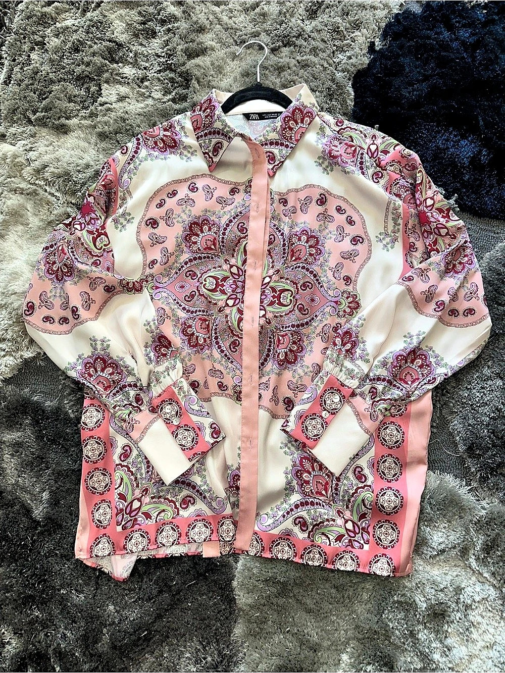 Zara Printed Satin Effect Shirt Paisley Blouse in Pink & White Size Large